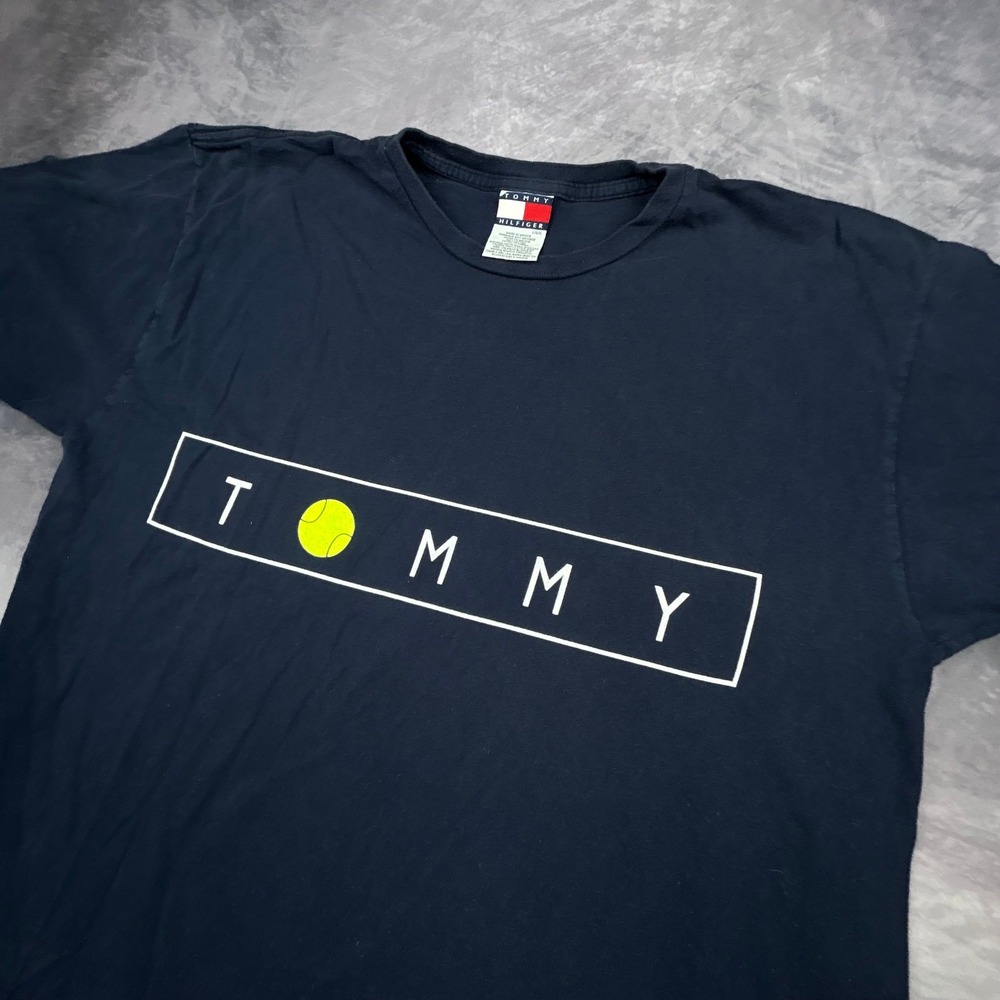 Vintage Tommy Hilfiger Tennis Graphic T-Shirt Navy Blue Mens Large 90s Y2K Boxy - Picture 3 of 7